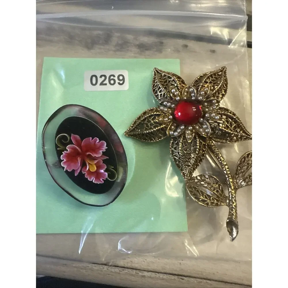 Vintage Lot of Two Brooches Floral Pink Red Lucite Gold Tone‎ Filigree